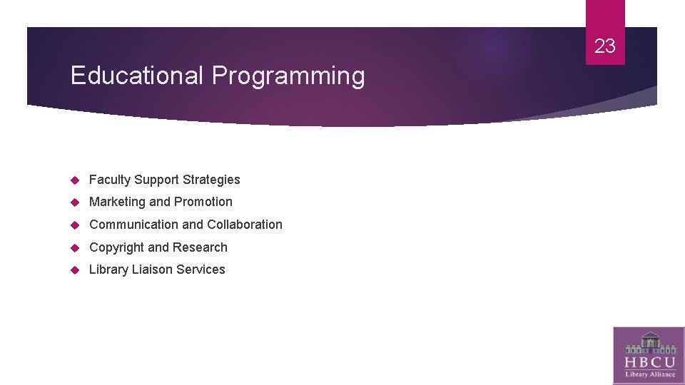 23 Educational Programming Faculty Support Strategies Marketing and Promotion Communication and Collaboration Copyright and
