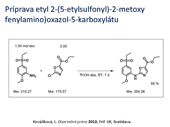 Príprava etyl 2 -(5 -etylsulfonyl)-2 -metoxy fenylamino)oxazol-5 -karboxylátu Kováčiková, L. Dizertačná práca 2010, Pri.