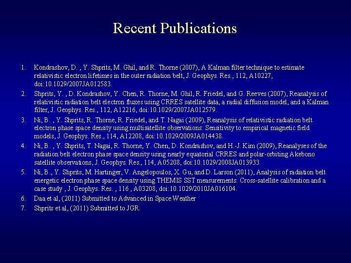 Recent Publications 1. 2. 3. 4. 5. 6. 7. Kondrashov, D. , Y. Shprits,