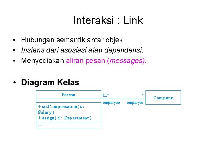 Interaksi : Link • Hubungan semantik antar objek. • Instans dari asosiasi atau dependensi.