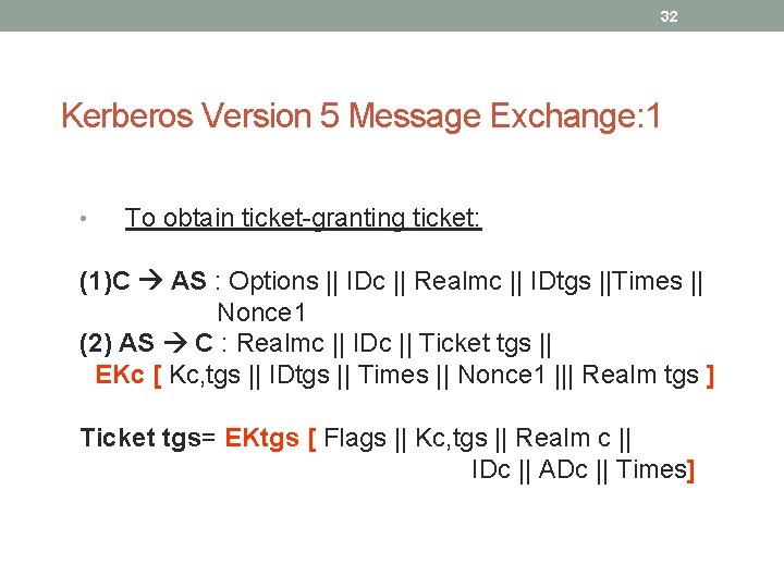 32 Kerberos Version 5 Message Exchange: 1 • To obtain ticket-granting ticket: (1)C AS