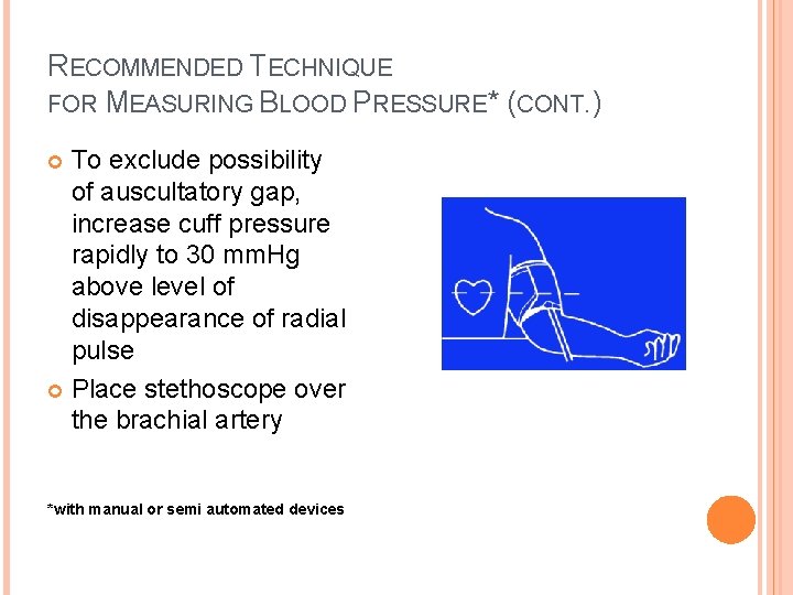 RECOMMENDED TECHNIQUE FOR MEASURING BLOOD PRESSURE* (CONT. ) To exclude possibility of auscultatory gap,