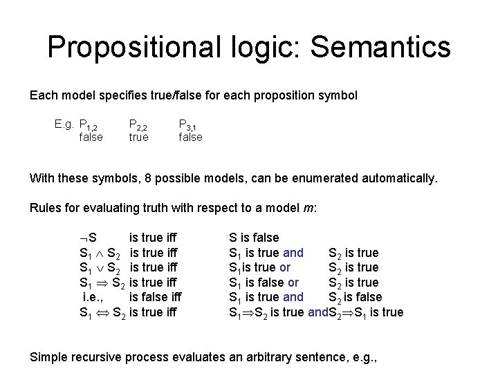 Propositional logic: Semantics Each model specifies true/false for each proposition symbol E. g. P