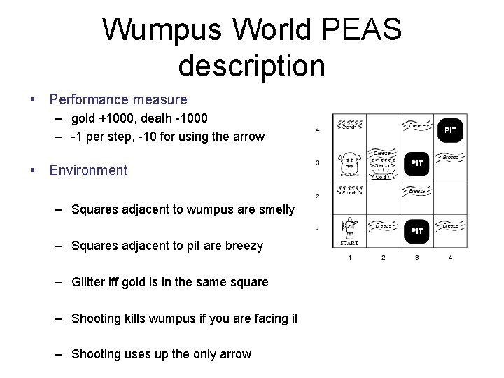 Wumpus World PEAS description • Performance measure – gold +1000, death -1000 – -1