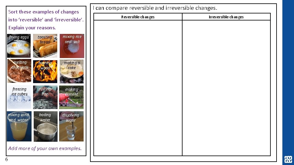 Sort these examples of changes into ‘reversible’ and ‘irreversible’. Explain your reasons. frying eggs