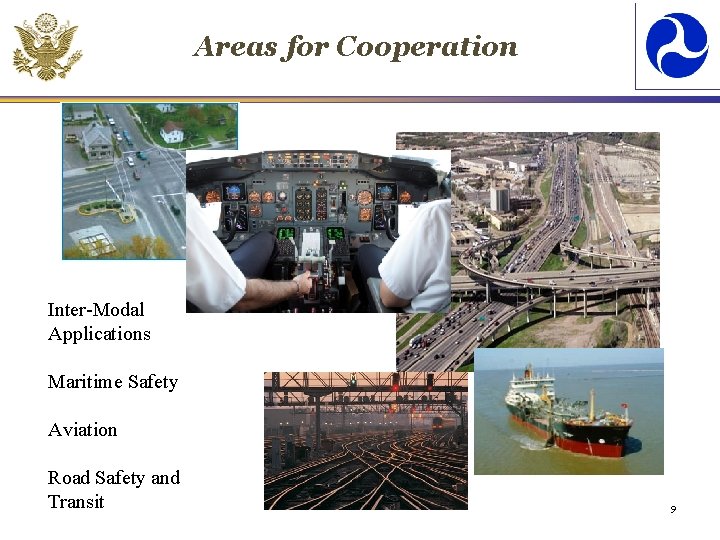 Areas for Cooperation Inter-Modal Applications Maritime Safety Aviation Road Safety and Transit 9 