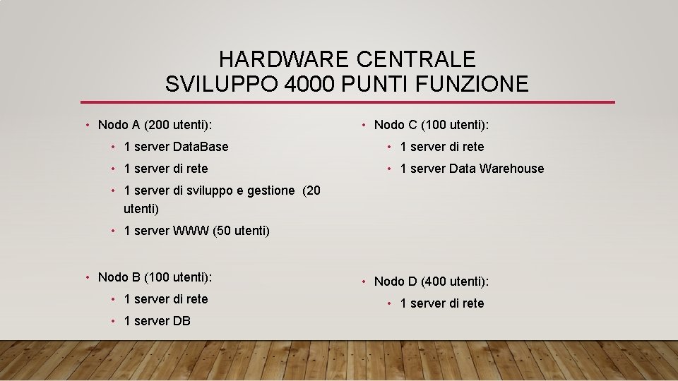 HARDWARE CENTRALE SVILUPPO 4000 PUNTI FUNZIONE • Nodo A (200 utenti): • Nodo C