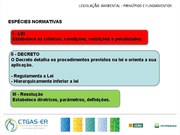 LEGISLAÇÃO AMBIENTAL - PRINCÍPIOS E FUNDAMENTOS ESPÉCIES NORMATIVAS I - LEI Estabelece os critérios,