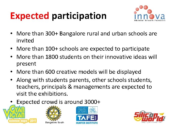 Expected participation • More than 300+ Bangalore rural and urban schools are invited •