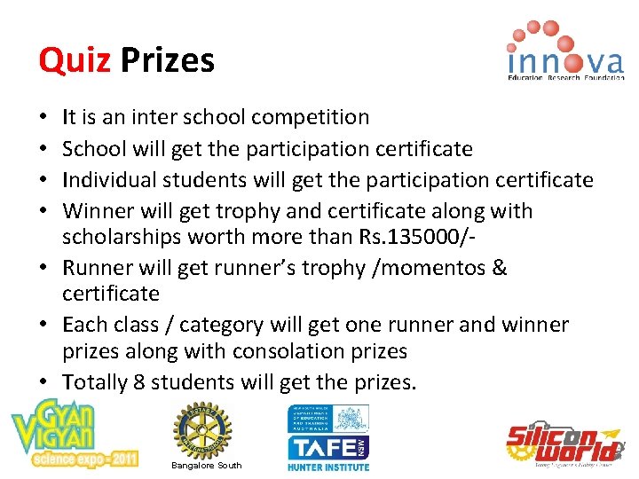 Quiz Prizes It is an inter school competition School will get the participation certificate