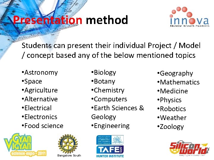 Presentation method Students can present their individual Project / Model / concept based any