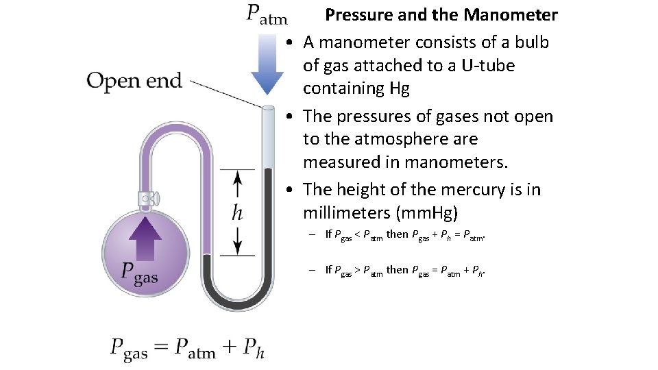 Pressure and the Manometer • A manometer consists of a bulb of gas attached