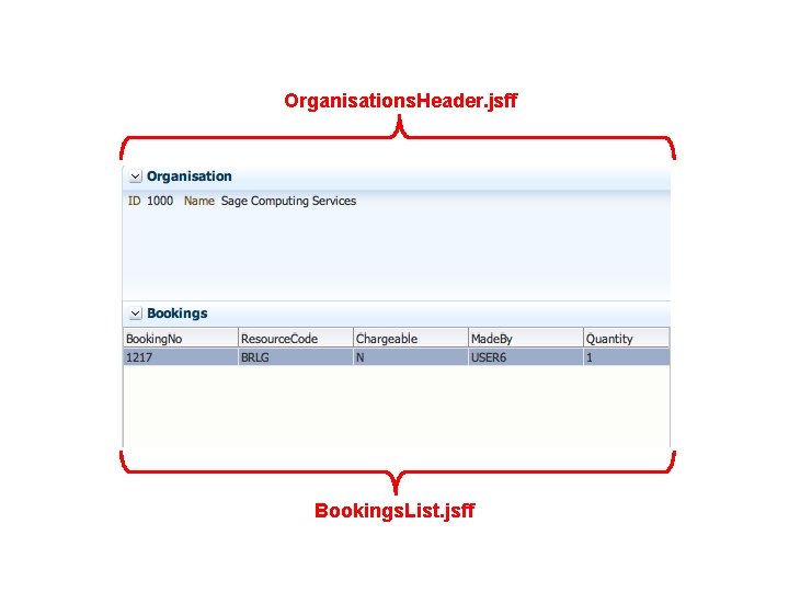 Organisations. Header. jsff Bookings. List. jsff 