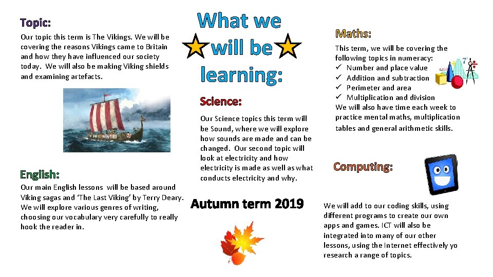 Topic: Our topic this term is The Vikings. We will be covering the reasons