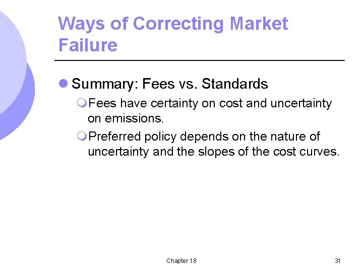 Ways of Correcting Market Failure l Summary: Fees vs. Standards m. Fees have certainty