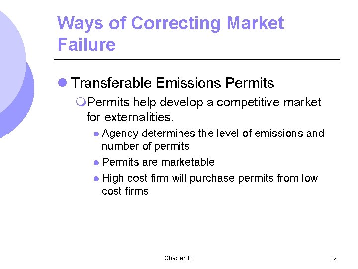 Ways of Correcting Market Failure l Transferable Emissions Permits m. Permits help develop a
