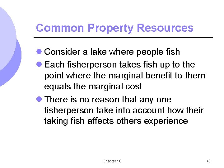 Common Property Resources l Consider a lake where people fish l Each fisherperson takes