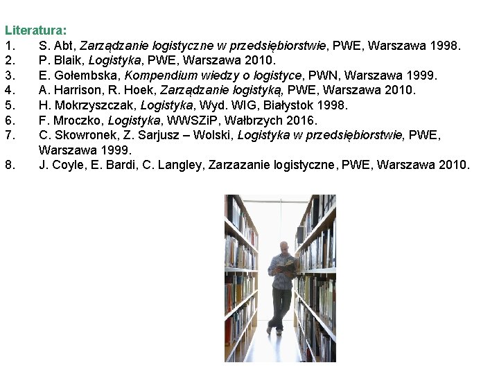 Literatura: 1. S. Abt, Zarządzanie logistyczne w przedsiębiorstwie, PWE, Warszawa 1998. 2. P. Blaik,