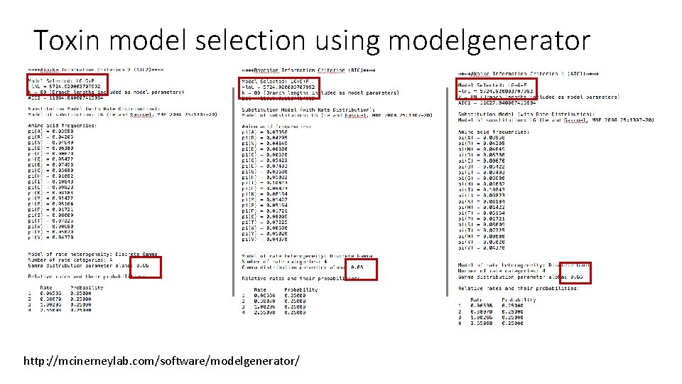 Toxin model selection using modelgenerator http: //mcinerneylab. com/software/modelgenerator/ 