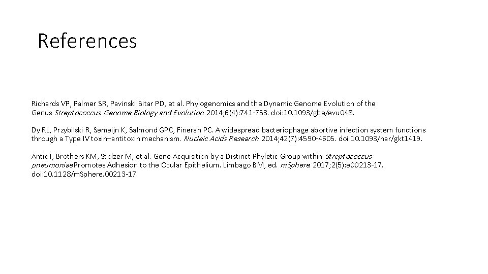 References Richards VP, Palmer SR, Pavinski Bitar PD, et al. Phylogenomics and the Dynamic