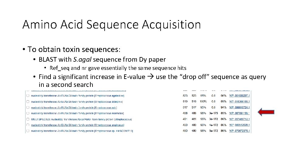 Amino Acid Sequence Acquisition • To obtain toxin sequences: • BLAST with S. agal