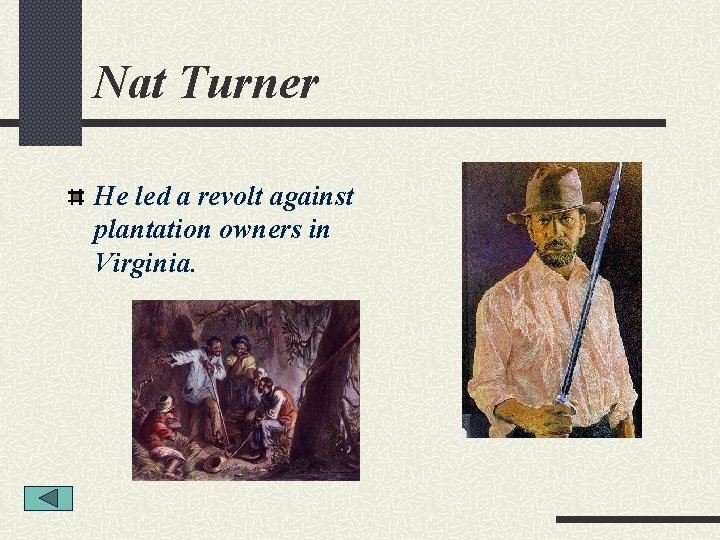 Nat Turner He led a revolt against plantation owners in Virginia. 