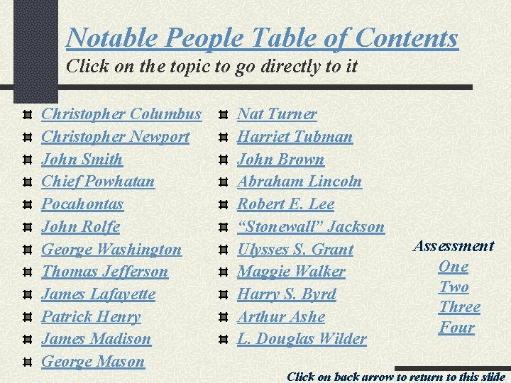 Notable People Table of Contents Click on the topic to go directly to it