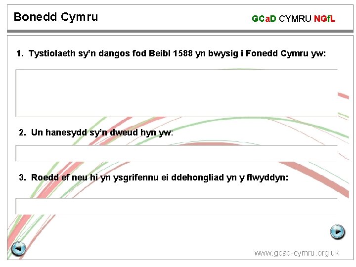 Bonedd Cymru GCa. D CYMRU NGf. L 1. Tystiolaeth sy’n dangos fod Beibl 1588