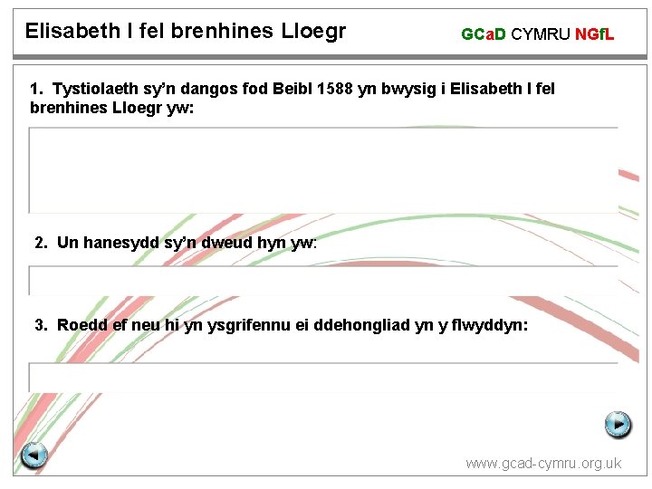 Elisabeth I fel brenhines Lloegr GCa. D CYMRU NGf. L 1. Tystiolaeth sy’n dangos