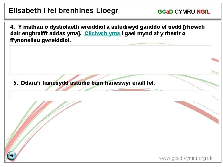 Elisabeth I fel brenhines Lloegr GCa. D CYMRU NGf. L 4. Y mathau o