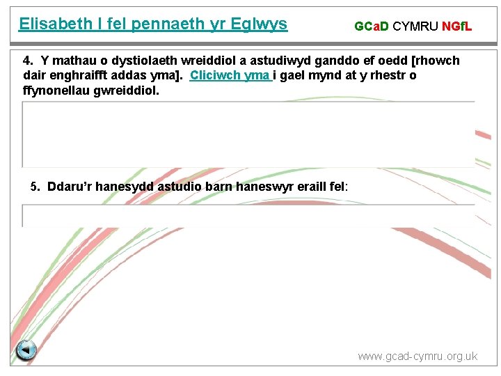 Elisabeth I fel pennaeth yr Eglwys GCa. D CYMRU NGf. L 4. Y mathau