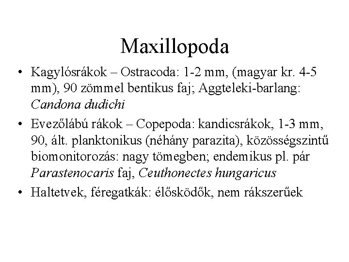 Maxillopoda • Kagylósrákok – Ostracoda: 1 -2 mm, (magyar kr. 4 -5 mm), 90