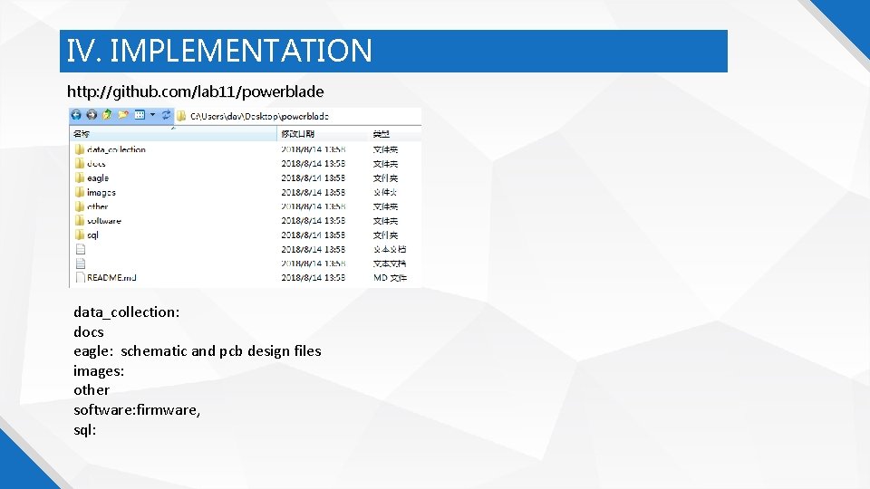 IV. IMPLEMENTATION http: //github. com/lab 11/powerblade data_collection: docs eagle: schematic and pcb design files