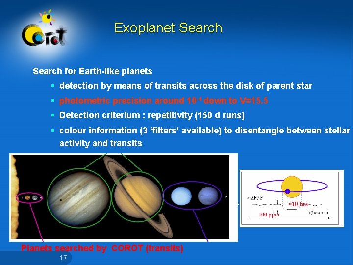 Exoplanet Search for Earth-like planets § detection by means of transits across the disk