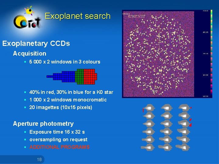Exoplanet search Exoplanetary CCDs Acquisition § 5 000 x 2 windows in 3 colours