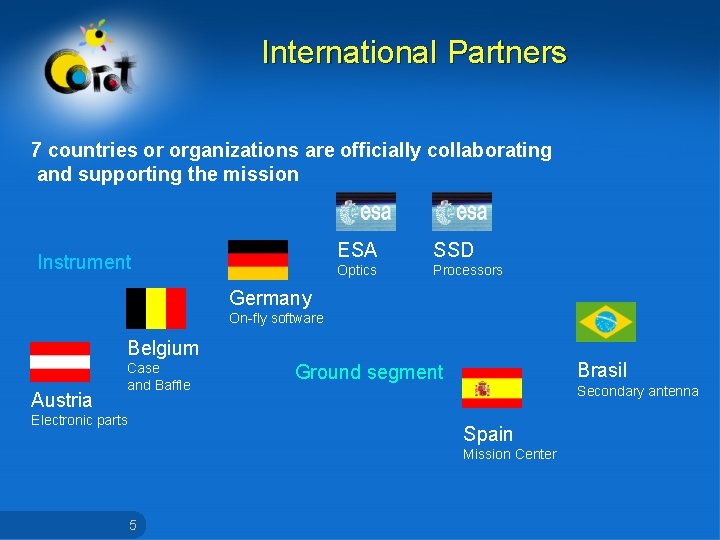 International Partners 7 countries or organizations are officially collaborating and supporting the mission Instrument