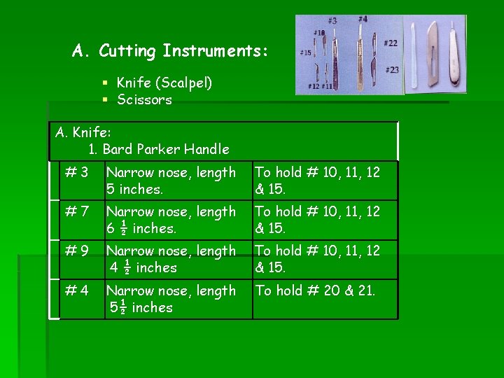 A. Cutting Instruments: § Knife (Scalpel) § Scissors A. Knife: 1. Bard Parker Handle