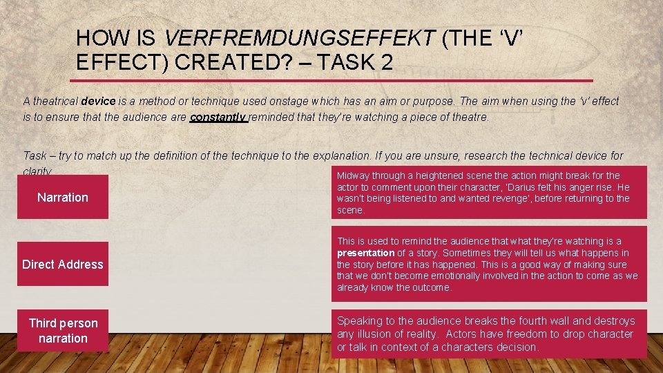 HOW IS VERFREMDUNGSEFFEKT (THE ‘V’ EFFECT) CREATED? – TASK 2 A theatrical device is