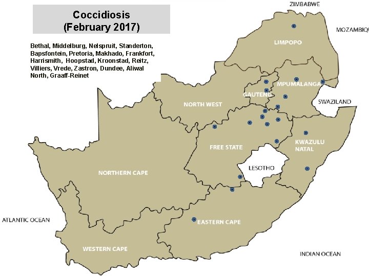 Coccidiosis (February 2017) Bethal, Middelburg, Nelspruit, Standerton, Bapsfontein, Pretoria, Makhado, Frankfort, Harrismith, Hoopstad, Kroonstad,
