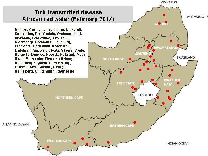 Tick transmitted disease African red water (February 2017) Delmas, Grootvlei, Lydenburg, Nelspruit, Standerton, Bapsfontein,