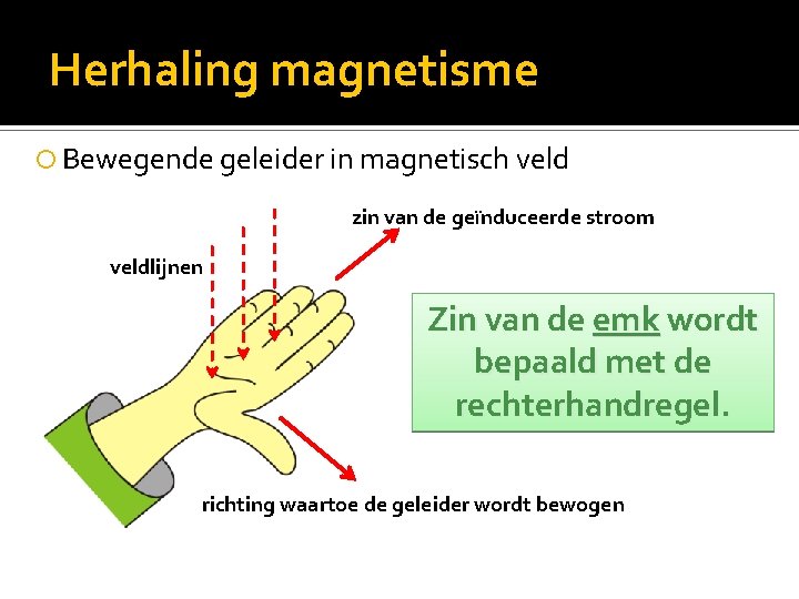 Herhaling magnetisme Bewegende geleider in magnetisch veld zin van de geïnduceerde stroom veldlijnen Zin