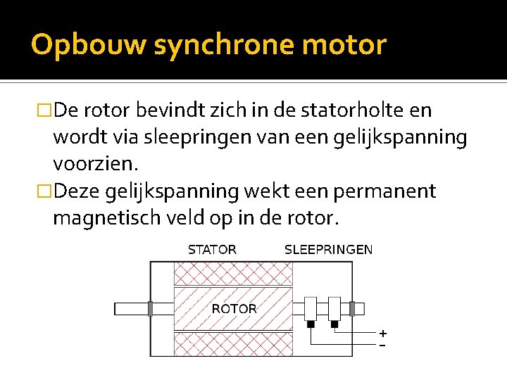 Opbouw synchrone motor �De rotor bevindt zich in de statorholte en wordt via sleepringen