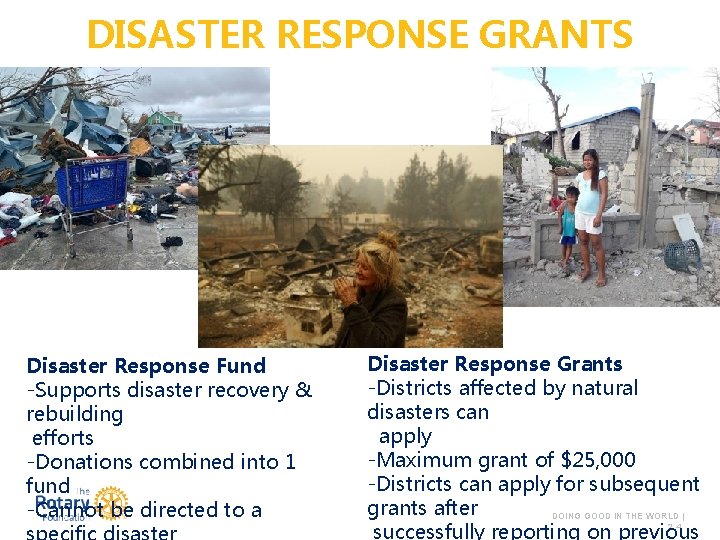 DISASTER RESPONSE GRANTS Disaster Response Fund -Supports disaster recovery & rebuilding efforts -Donations combined