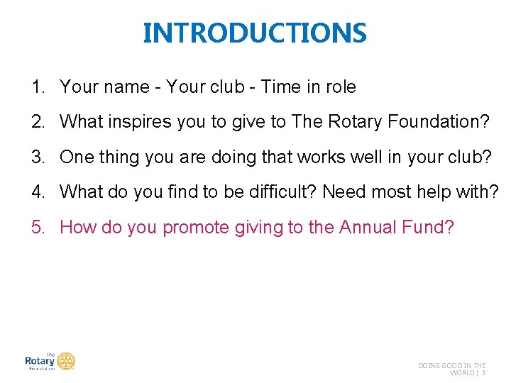 INTRODUCTIONS 1. Your name - Your club - Time in role 2. What inspires