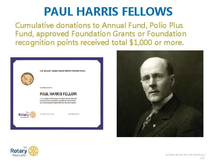 PAUL HARRIS FELLOWS Cumulative donations to Annual Fund, Polio Plus Fund, approved Foundation Grants