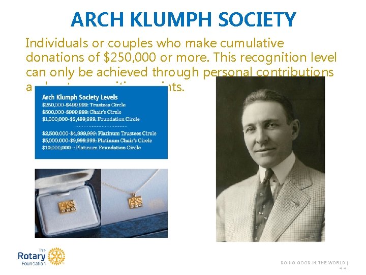 ARCH KLUMPH SOCIETY Individuals or couples who make cumulative donations of $250, 000 or