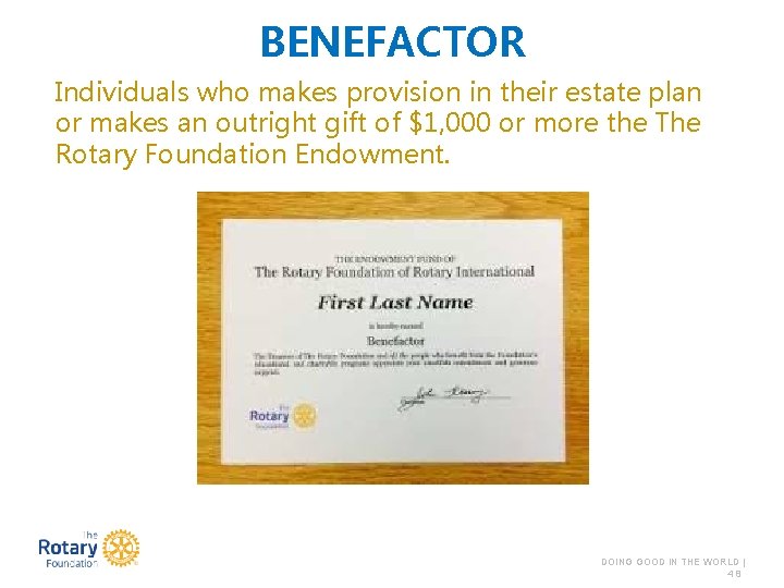 BENEFACTOR Individuals who makes provision in their estate plan or makes an outright gift