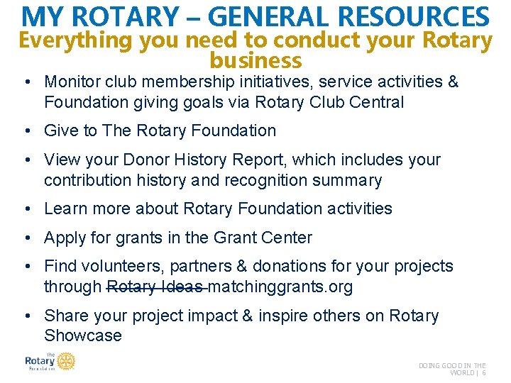 MY ROTARY – GENERAL RESOURCES Everything you need to conduct your Rotary business •
