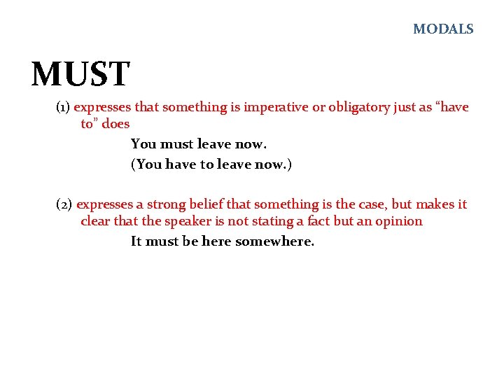 MODALS MUST (1) expresses that something is imperative or obligatory just as “have to”
