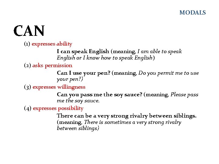 MODALS CAN (1) expresses ability I can speak English (meaning, I am able to